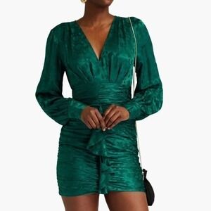 Ronny Kobo Carissa Dress Small Green Silk Blend Ruched Floral Jacquard Cocktail